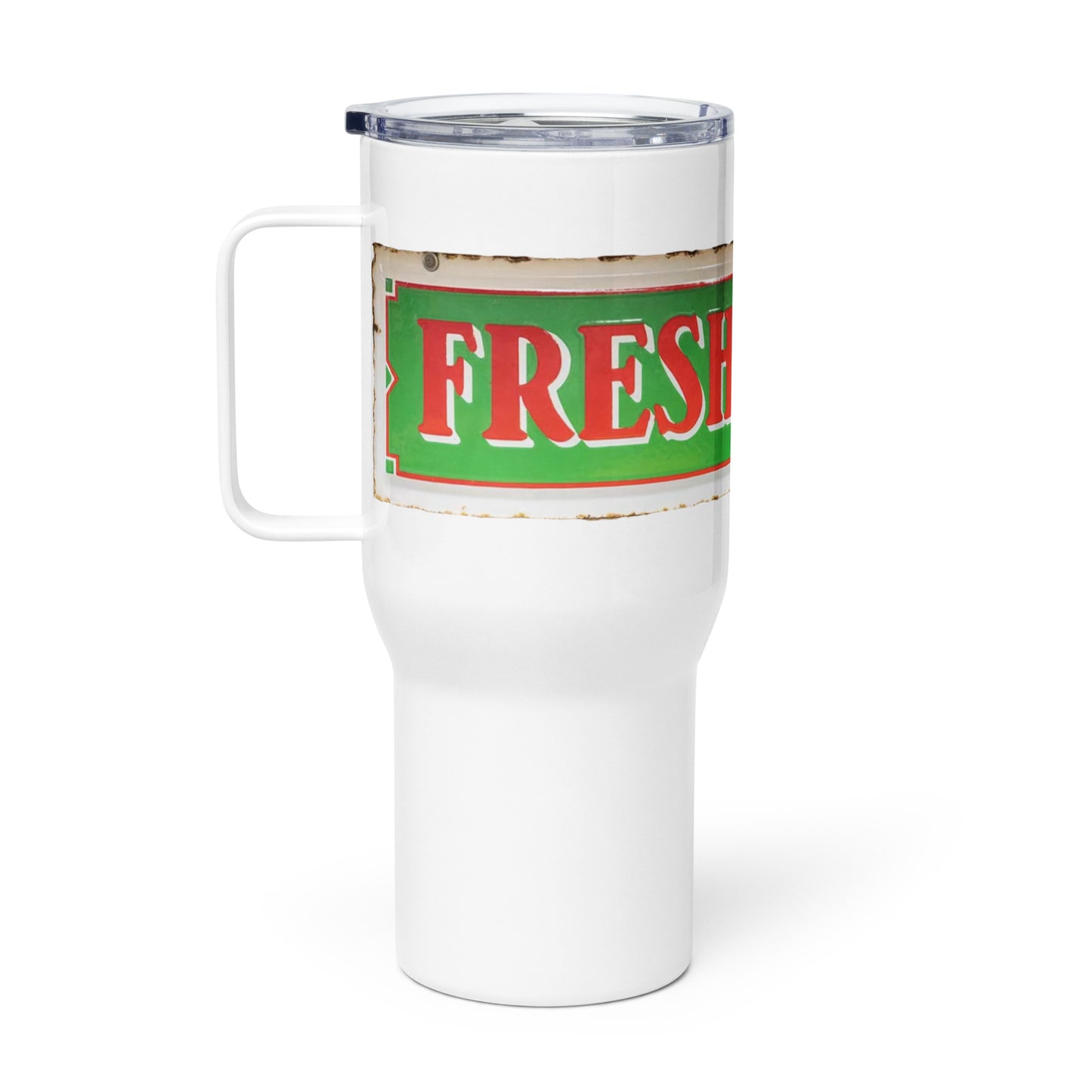 Vintage Fresh Meat Sign Porcelain Style Travel mug with a handle