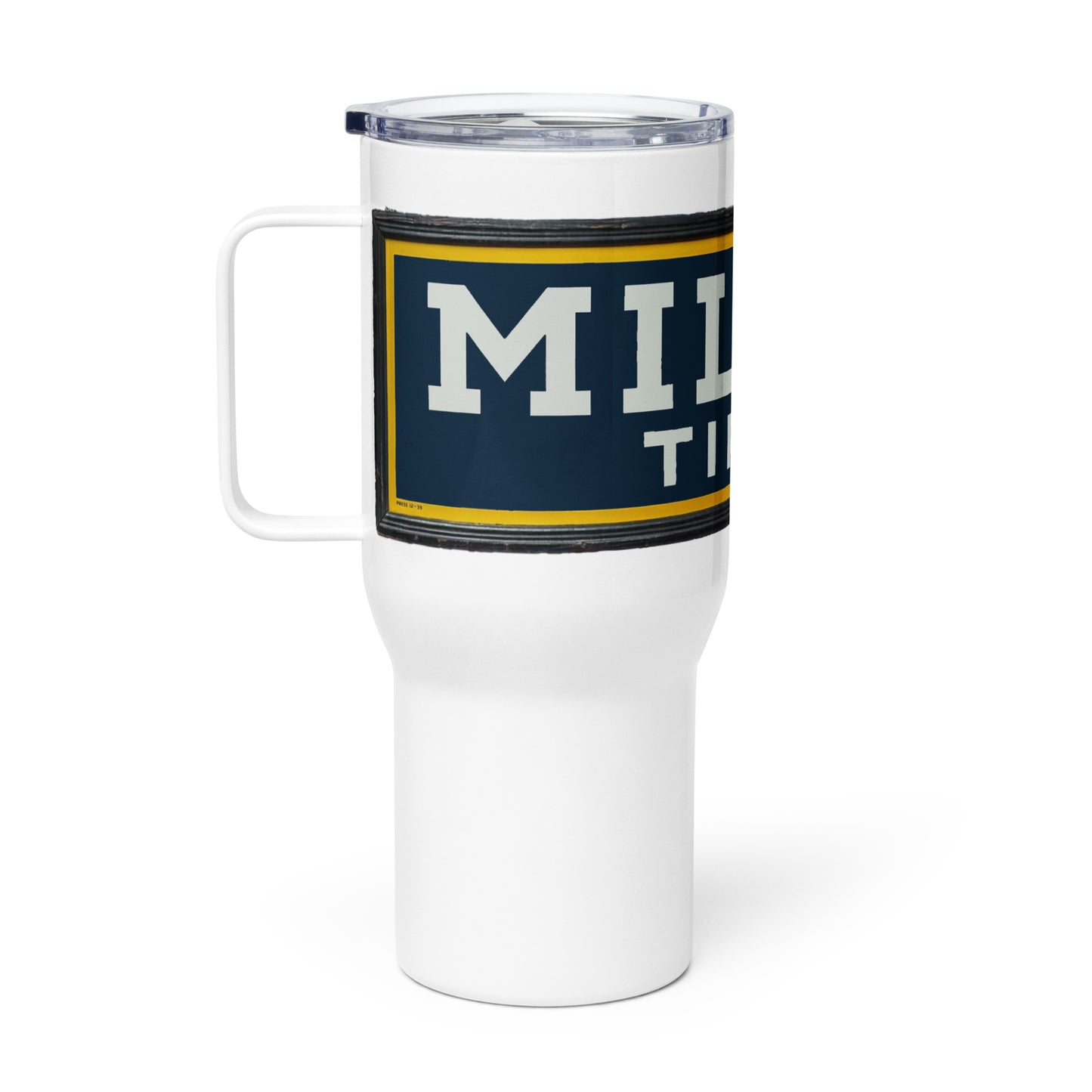 Vintage Miller Tire Sign Travel mug with a handle