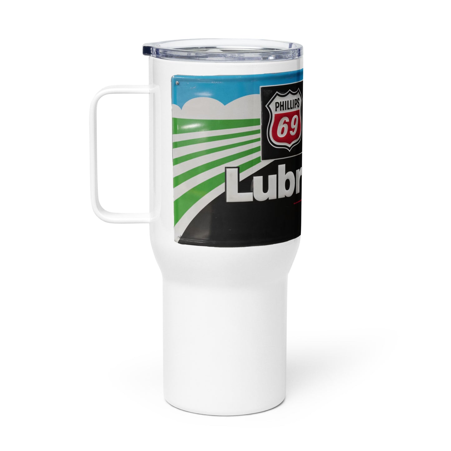 Phillips 69 License Plate Style Travel mug with a handle