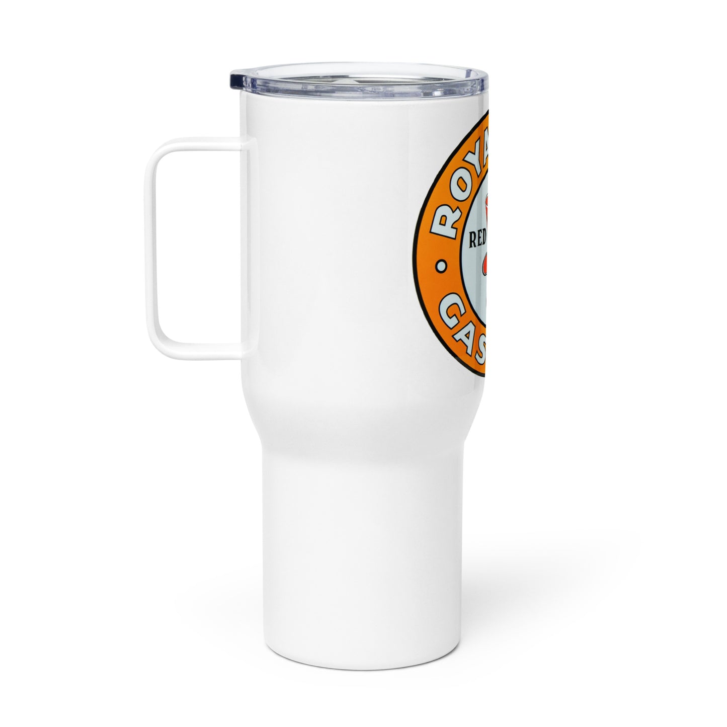 Vintage Red Hat Gas Travel mug with a handle