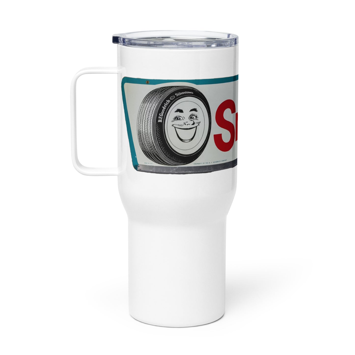 Retro Smileage Tire Sign Travel mug with a handle