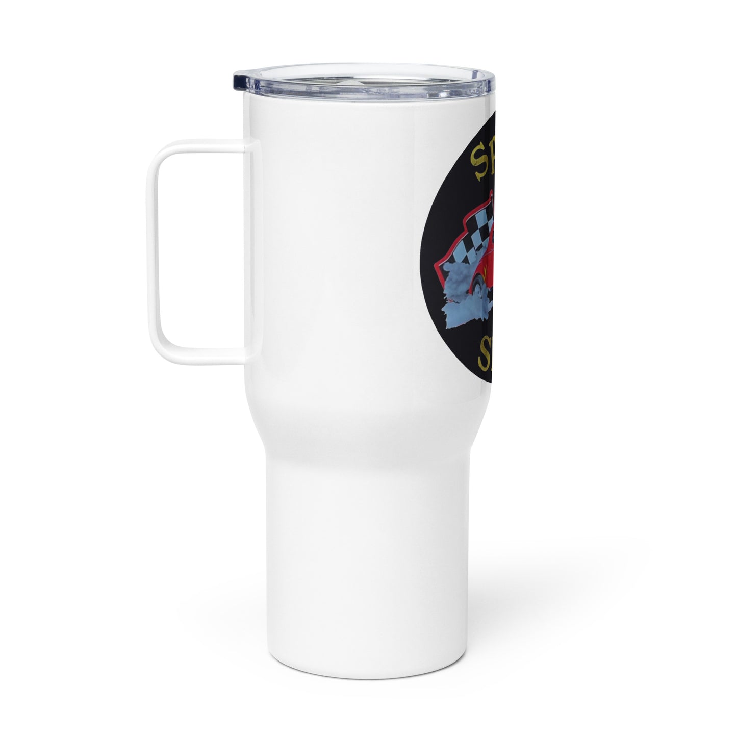 Retro Speed Shop Tin Style Travel mug with a handle