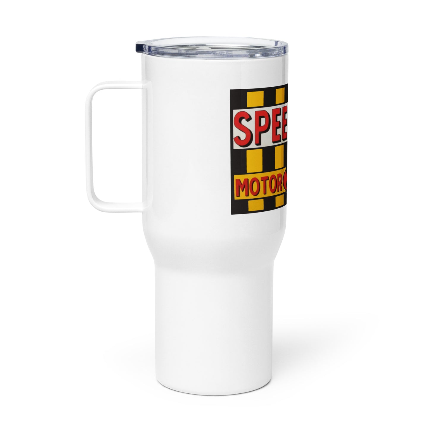 Retro Speedway Tin Syle Travel mug with a handle