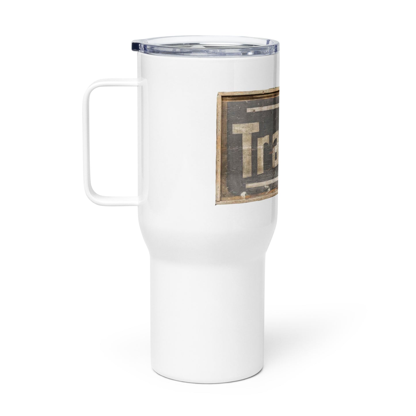 Retro Tractors Sign Wood Style Travel mug with a handle