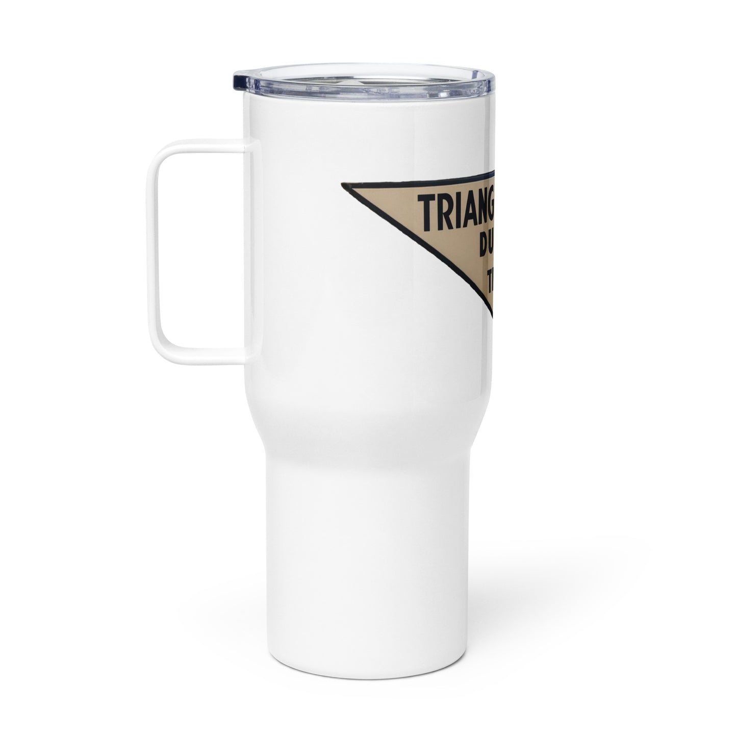 Retro Triangle Oil Company Tin Style Travel mug with a handle