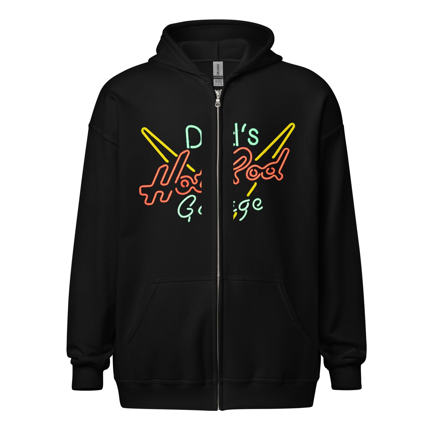 Dads Hot Rod Garage Retro Neon Sign Splatter Design Unisex heavy blend zip hoodie