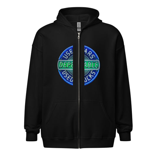 Retro Dependable Used Cars Neon Design Unisex heavy blend zip hoodie