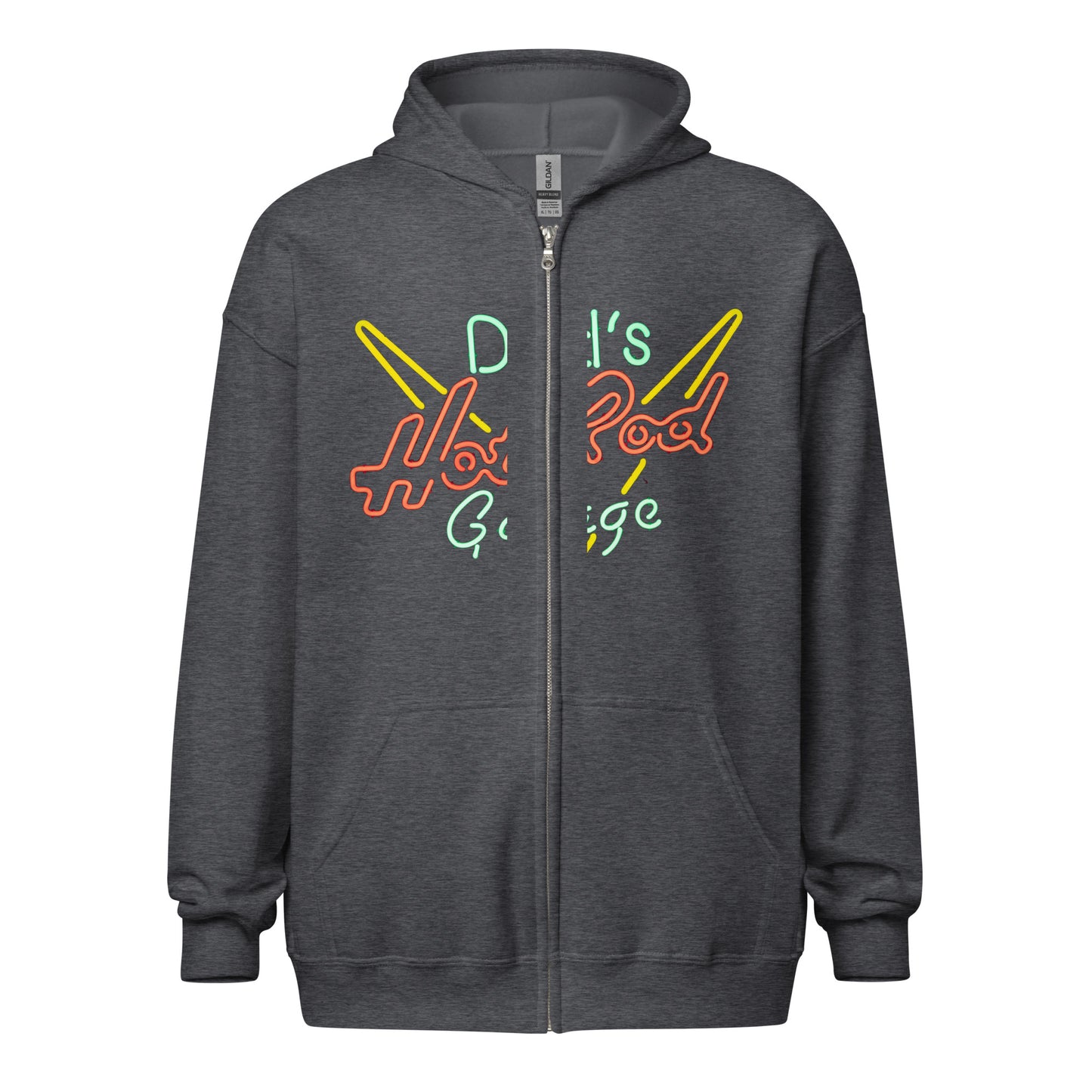 Dads Hot Rod Garage Retro Neon Sign Splatter Design Unisex heavy blend zip hoodie