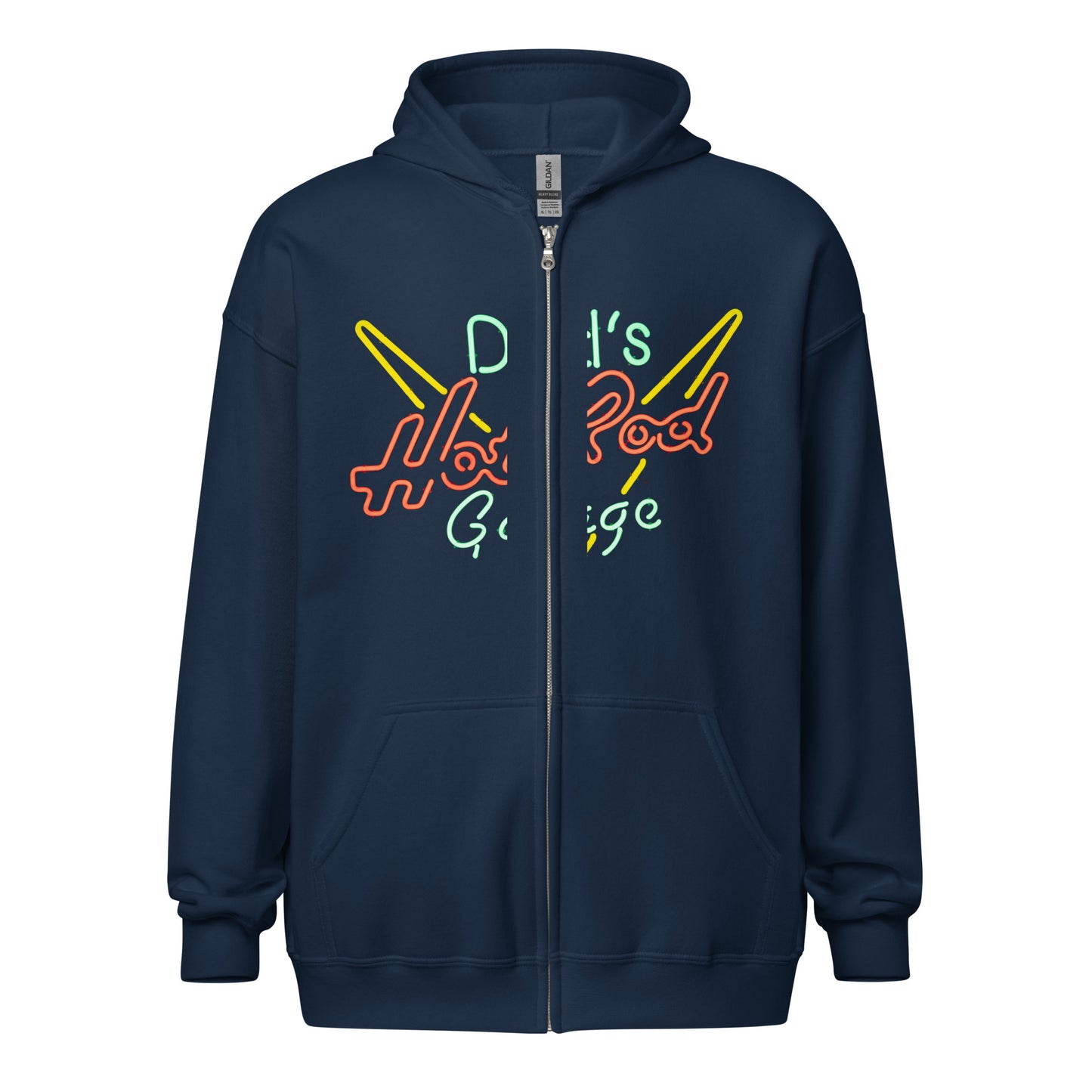 Dads Hot Rod Garage Retro Neon Sign Splatter Design Unisex heavy blend zip hoodie