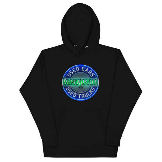 Retro Dependable Used Cars Neon Design Unisex Hoodie