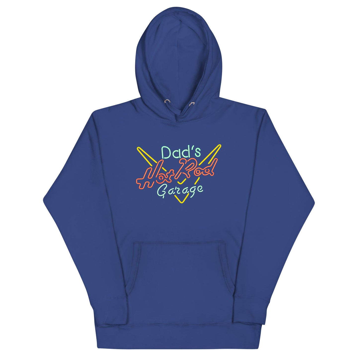 Dads Hot Rod Garage Retro Neon Sign Splatter Design Unisex Hoodie