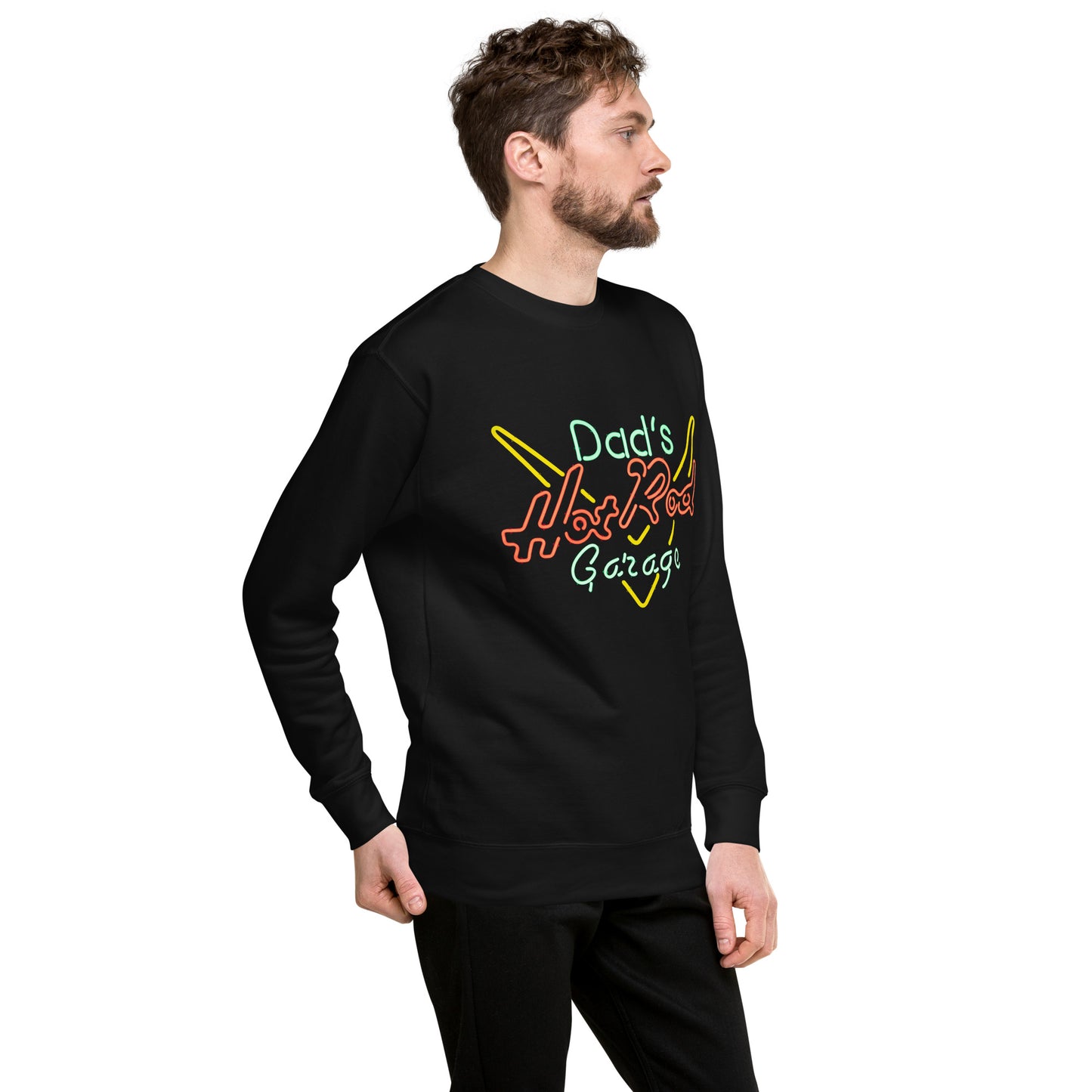 Dads Hot Rod Garage Retro Neon Sign Splatter Design Unisex Premium Sweatshirt