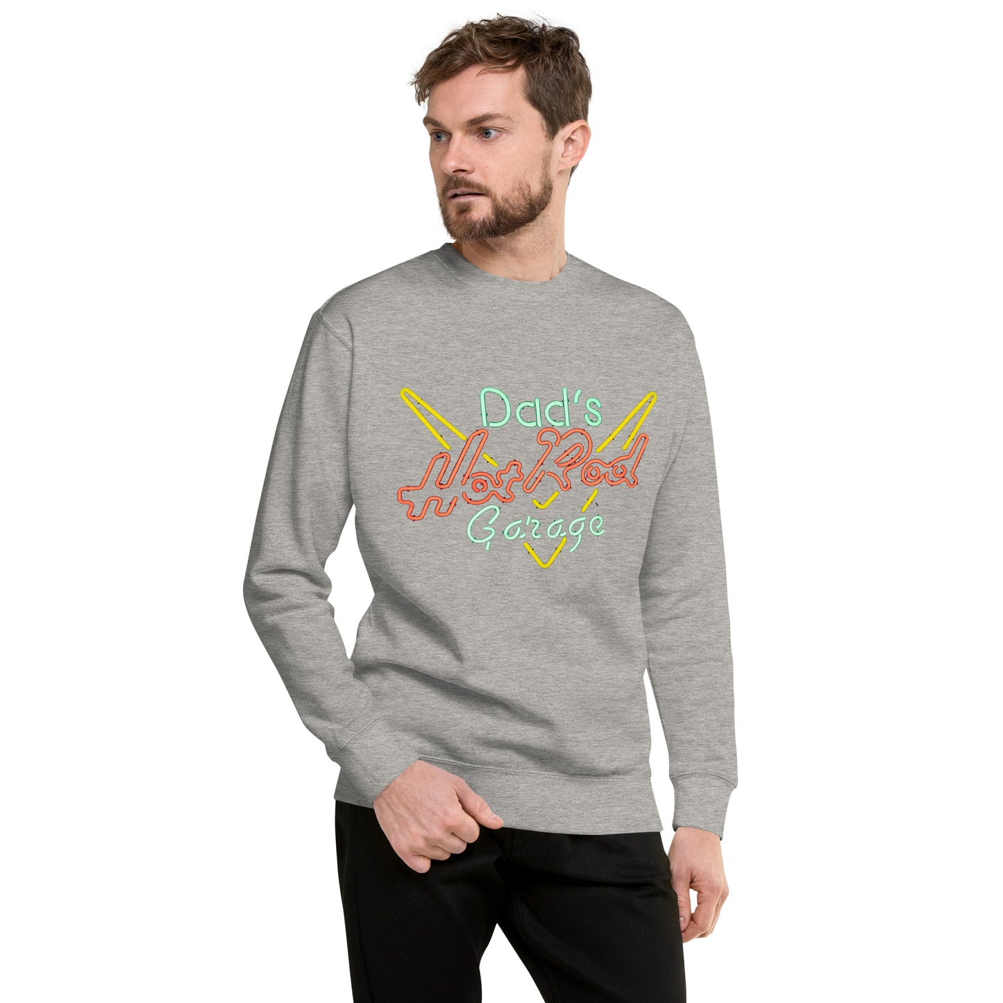 Dads Hot Rod Garage Retro Neon Sign Splatter Design Unisex Premium Sweatshirt