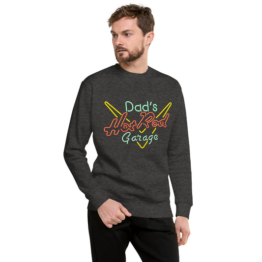 Dads Hot Rod Garage Retro Neon Sign Splatter Design Unisex Premium Sweatshirt