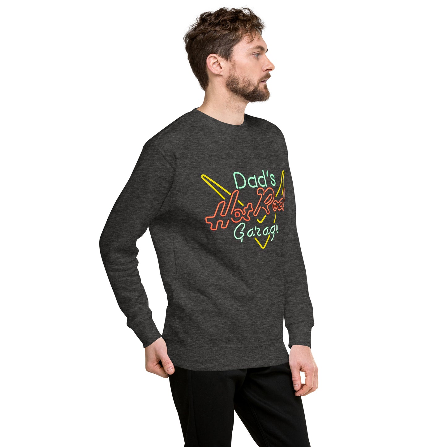 Dads Hot Rod Garage Retro Neon Sign Splatter Design Unisex Premium Sweatshirt