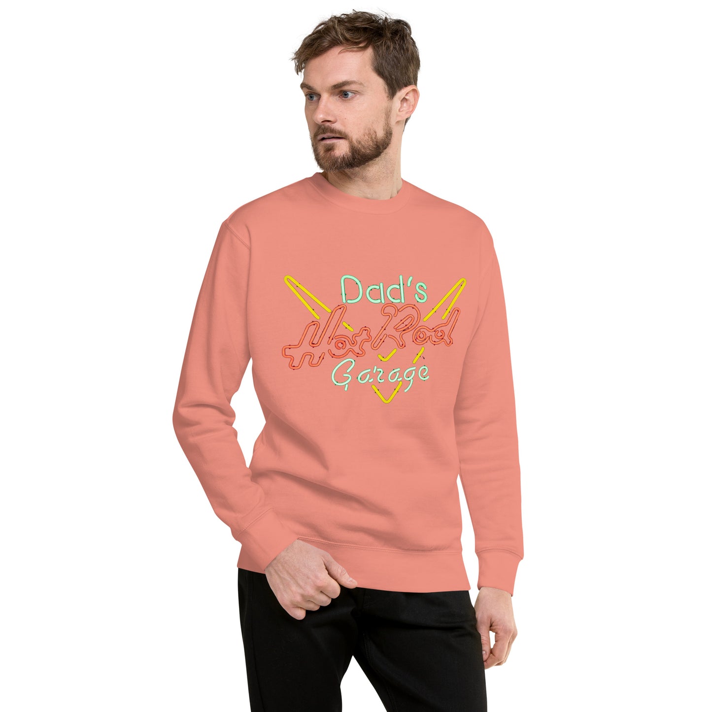 Dads Hot Rod Garage Retro Neon Sign Splatter Design Unisex Premium Sweatshirt