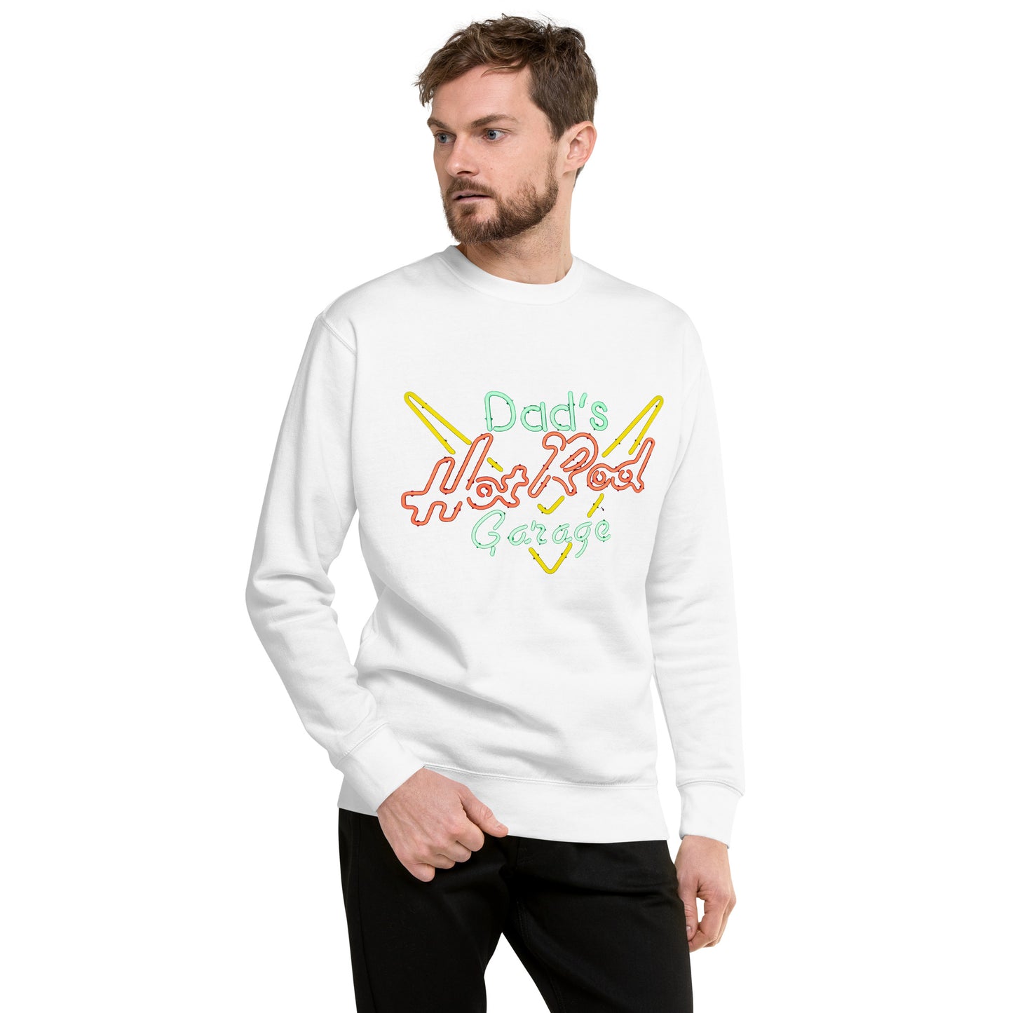 Dads Hot Rod Garage Retro Neon Sign Splatter Design Unisex Premium Sweatshirt