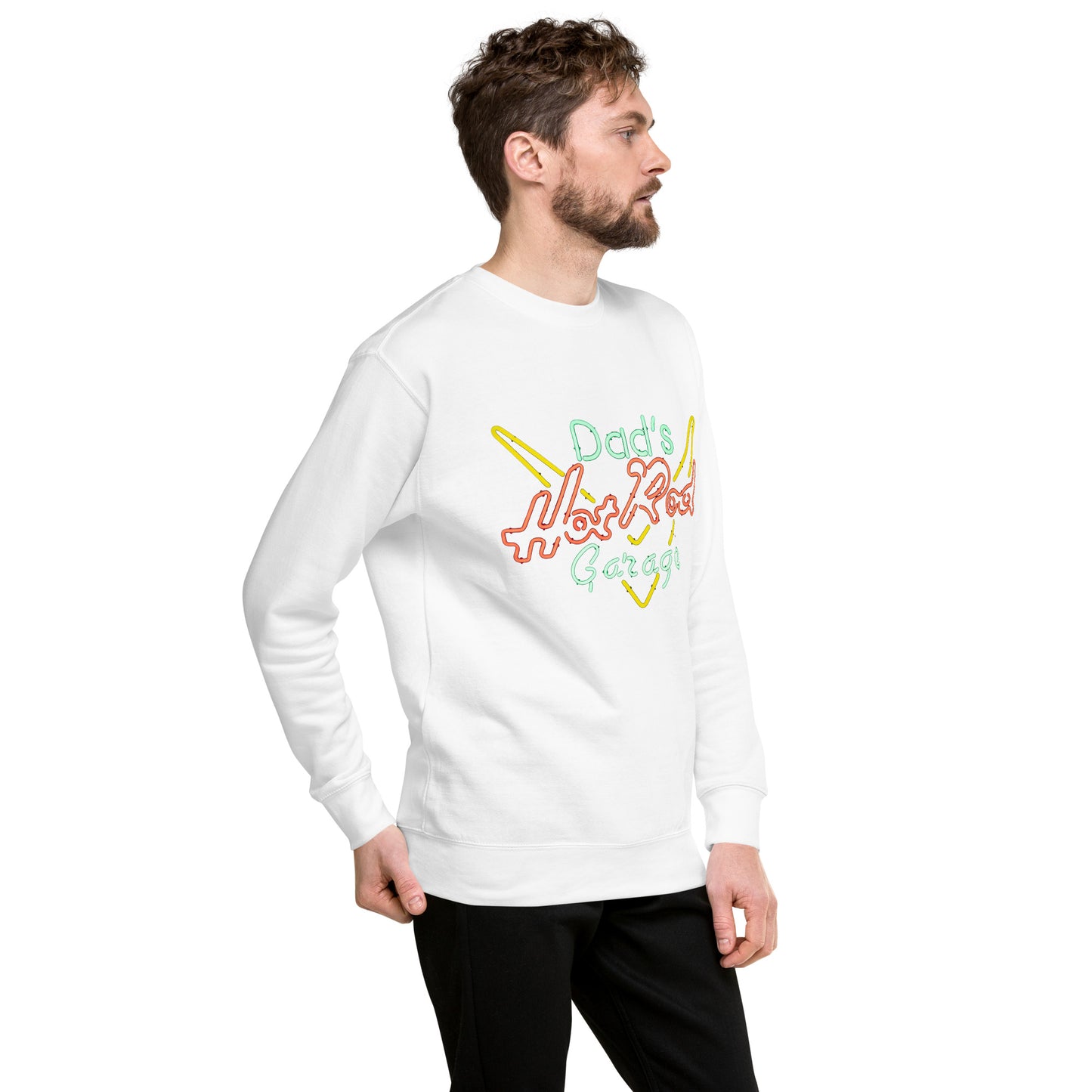 Dads Hot Rod Garage Retro Neon Sign Splatter Design Unisex Premium Sweatshirt