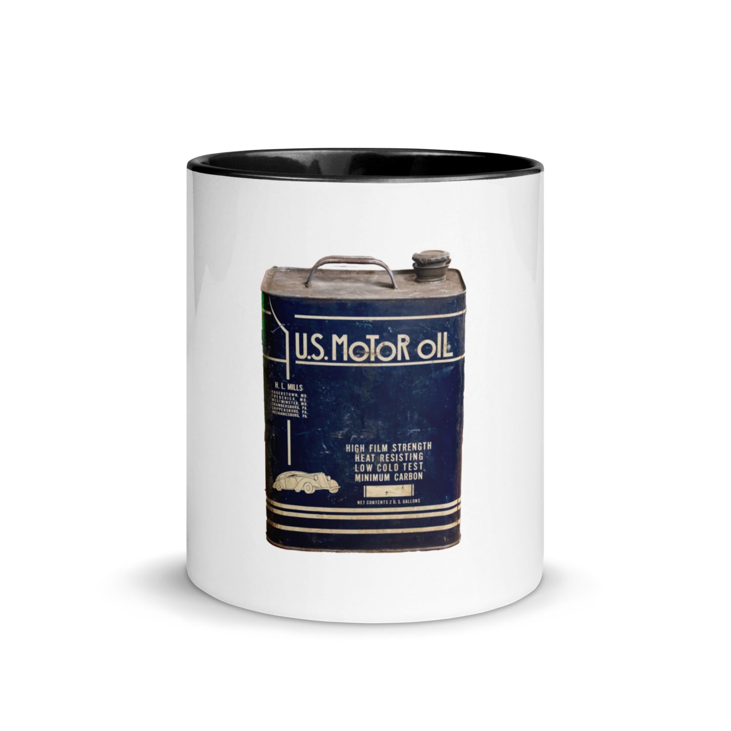 Vintage US Motor Oil Steel Gallon Style Mug with Color Inside