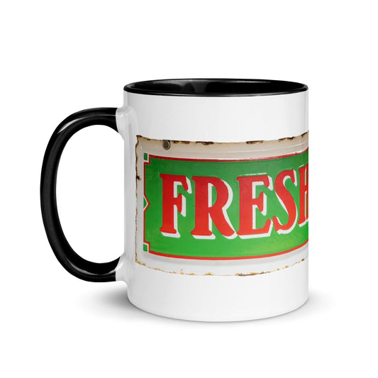 Vintage Fresh Meat Sign Porcelain Style Mug with Color Inside