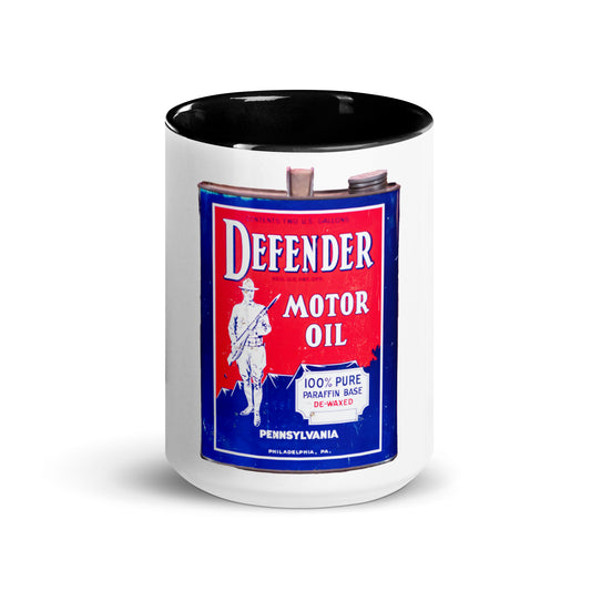 Vintage Defender Oil Steel Can Design Mug with Color Inside