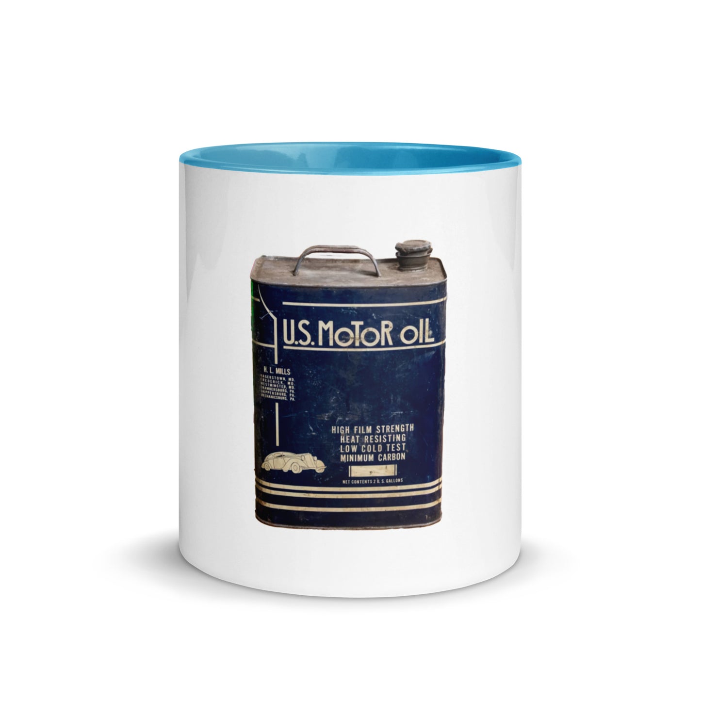 Vintage US Motor Oil Steel Gallon Style Mug with Color Inside