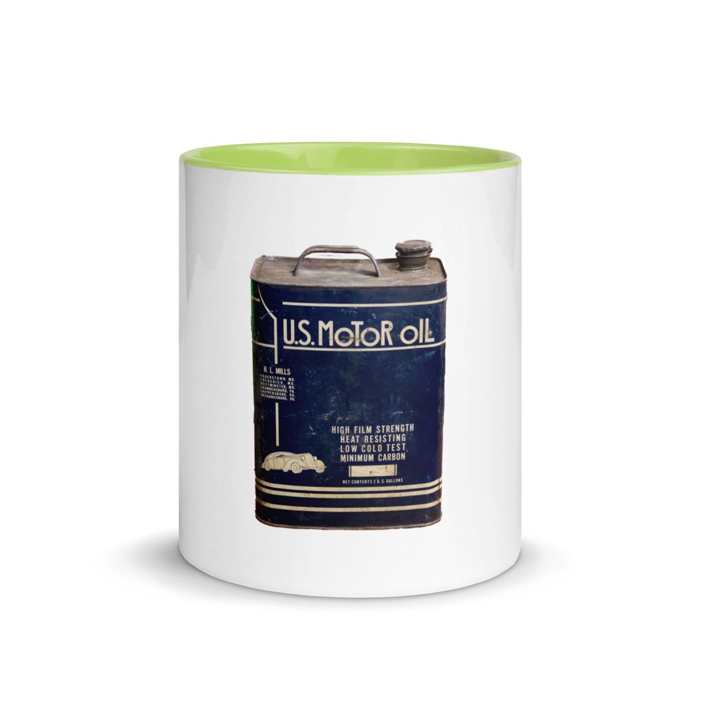 Vintage US Motor Oil Steel Gallon Style Mug with Color Inside