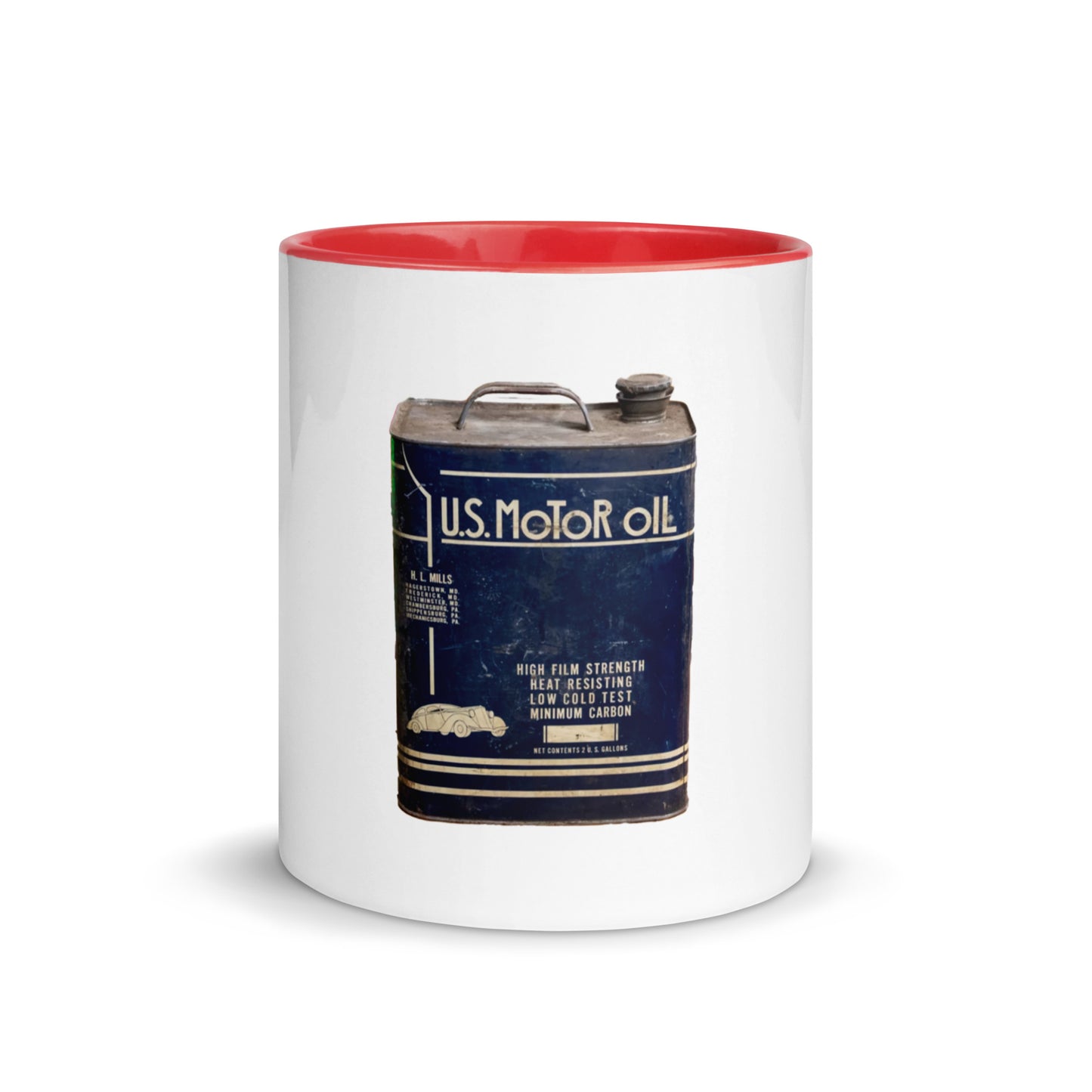 Vintage US Motor Oil Steel Gallon Style Mug with Color Inside