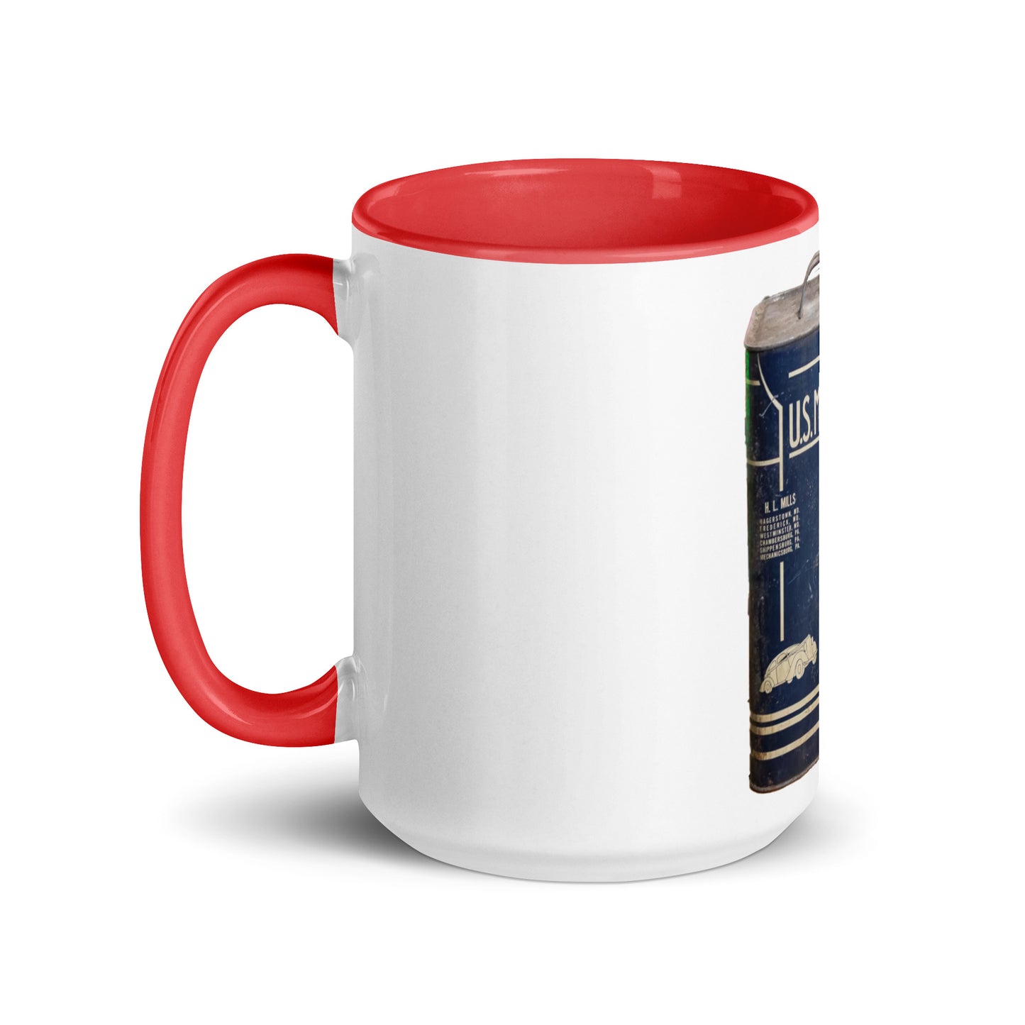 Vintage US Motor Oil Steel Gallon Style Mug with Color Inside