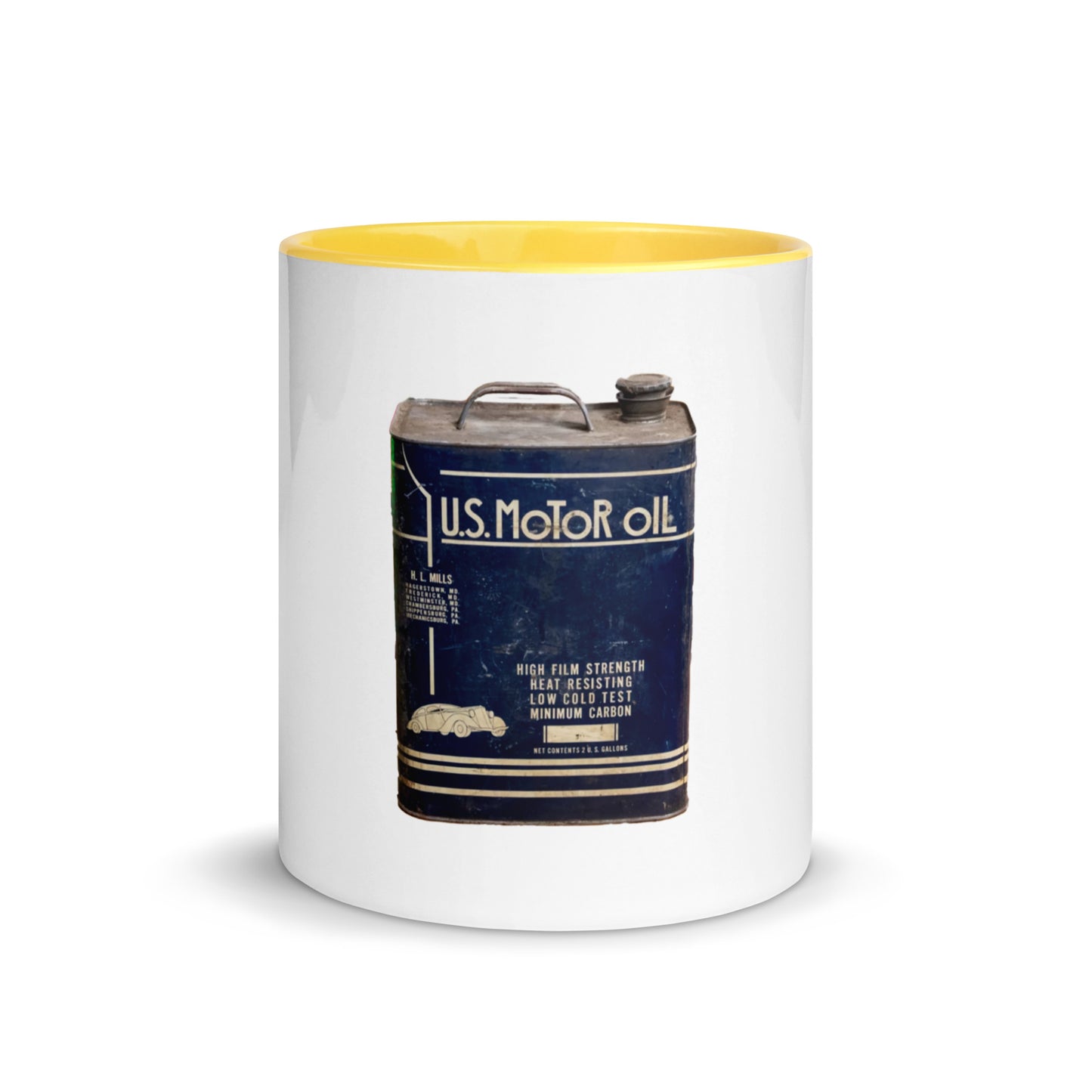 Vintage US Motor Oil Steel Gallon Style Mug with Color Inside
