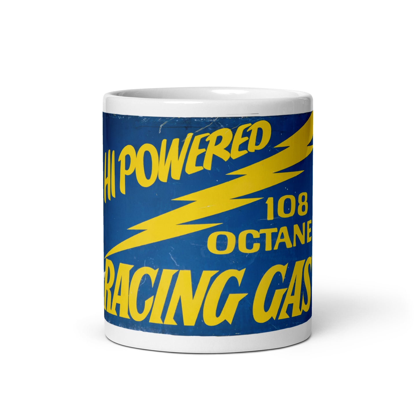 Vintage Racing Gas 108 Octane Porcelain Style White glossy mug