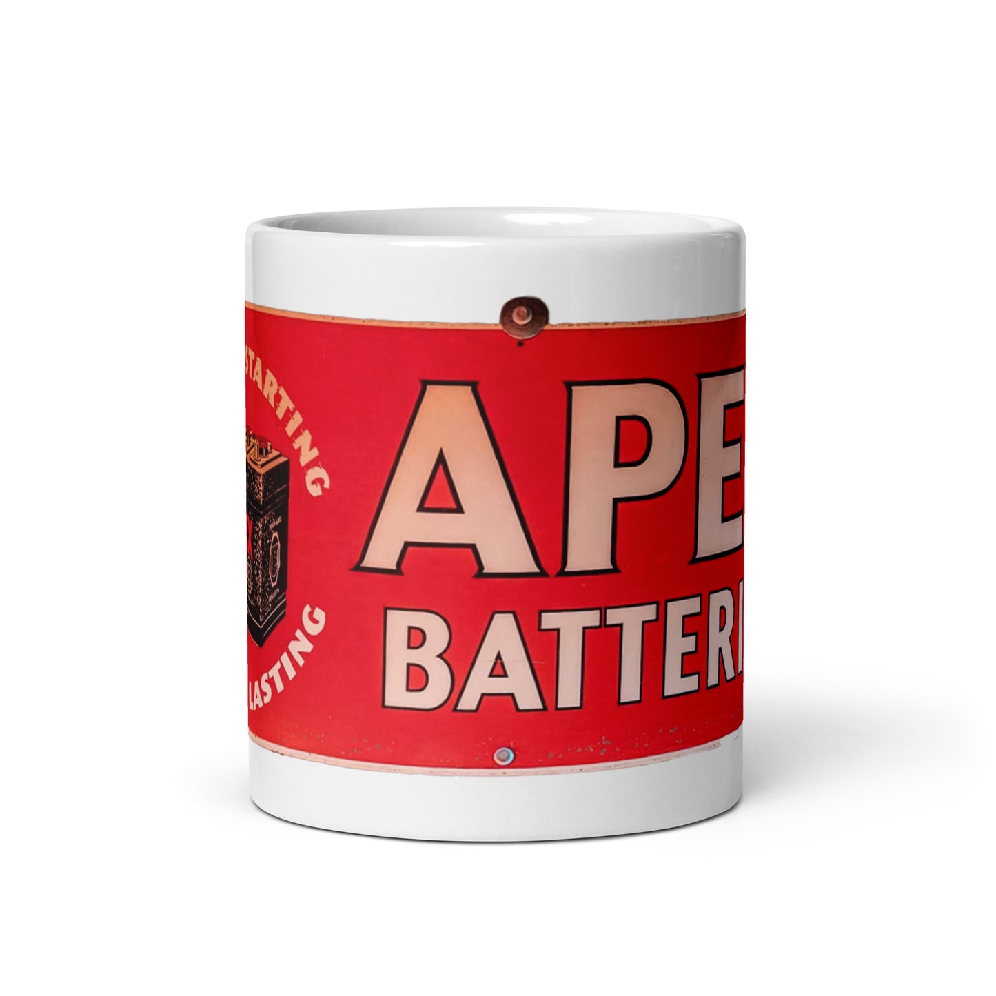 Apex Batteries Retro Tin Style White glossy mug