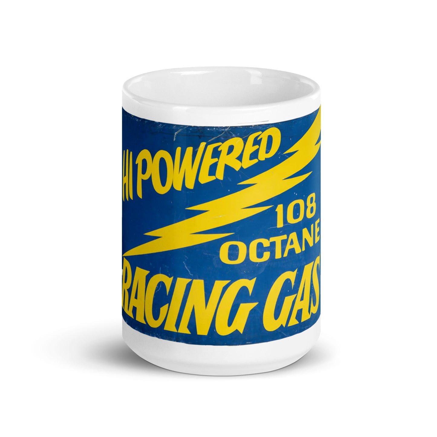 Vintage Racing Gas 108 Octane Porcelain Style White glossy mug