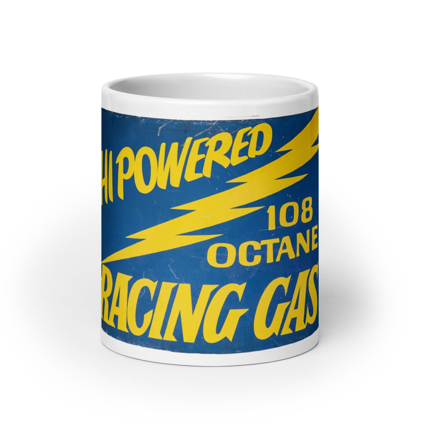 Vintage Racing Gas 108 Octane Porcelain Style White glossy mug