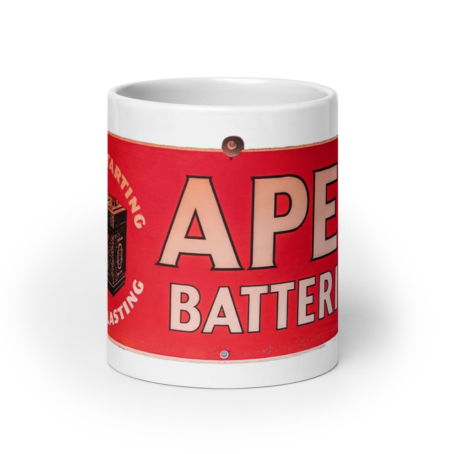 Apex Batteries Retro Tin Style White glossy mug